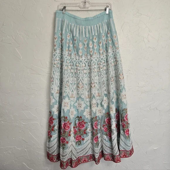 Soft Surroundings Intricate Embroidered Boho Floral Blue Red Analisa Skirt, M - Picture 10 of 14